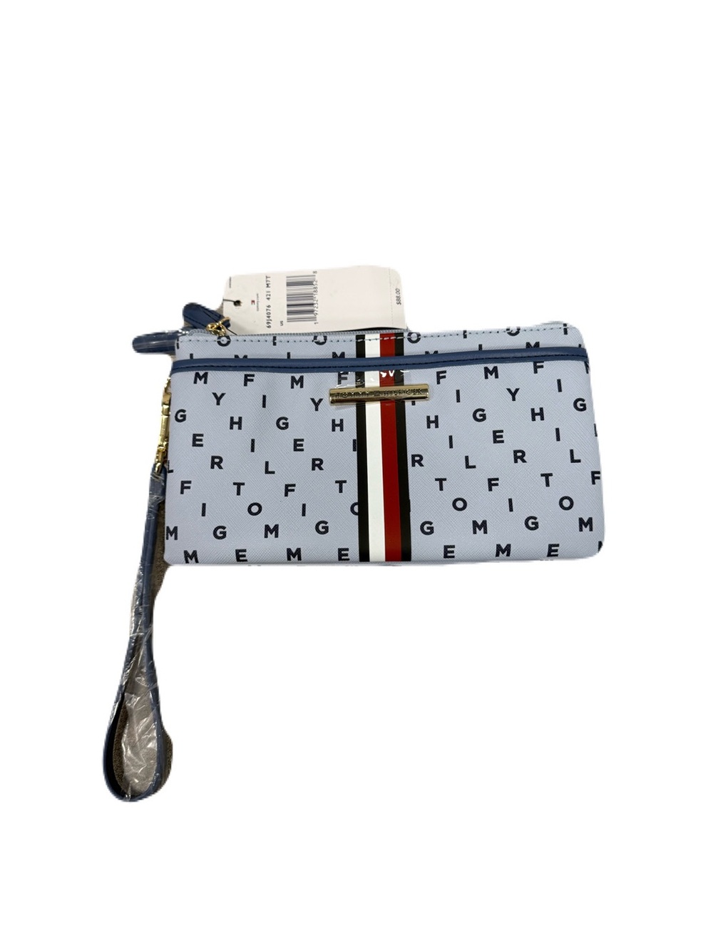 Tommy Hilfiger Light Blue Logo Wristlet with Red-White-Black Stripe